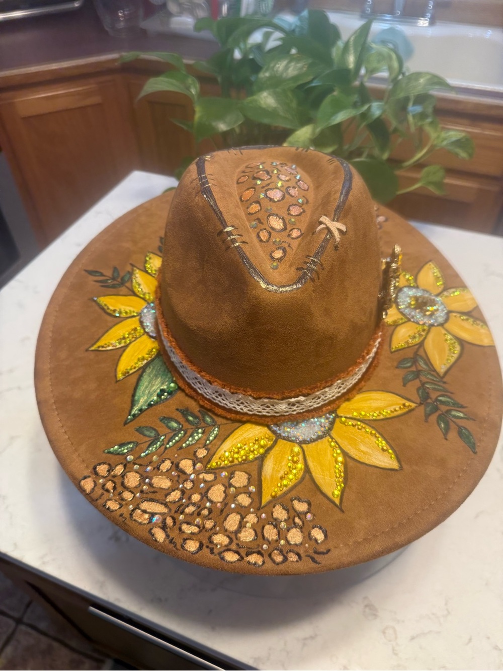 Hand-Painted Sunflower Suede Western Hat - Brown